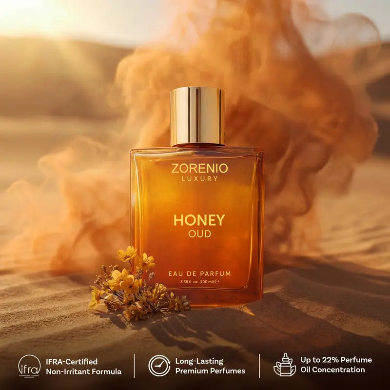 Zorenio Luxury's Honey Oud | Eau de Parfum 100ml (3.4 fl oz) | Patchouli, Vanilla, Bergamot | Floral & Spicy | Made with Clean & Vegan Essentials Oils | Cruelty Free Fragrance Perfume