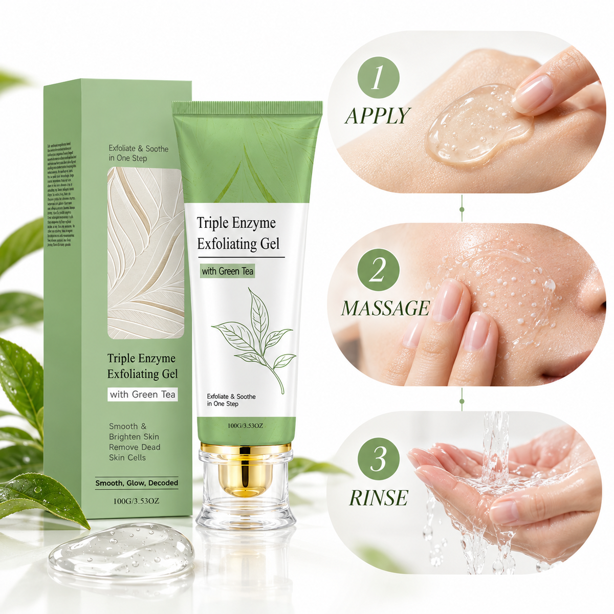 Triple Enzyme Exfoliating Gel with Green Tea – Gentle Face & Body Exfoliator for Smoother, Brighter-Looking Skin, 100g