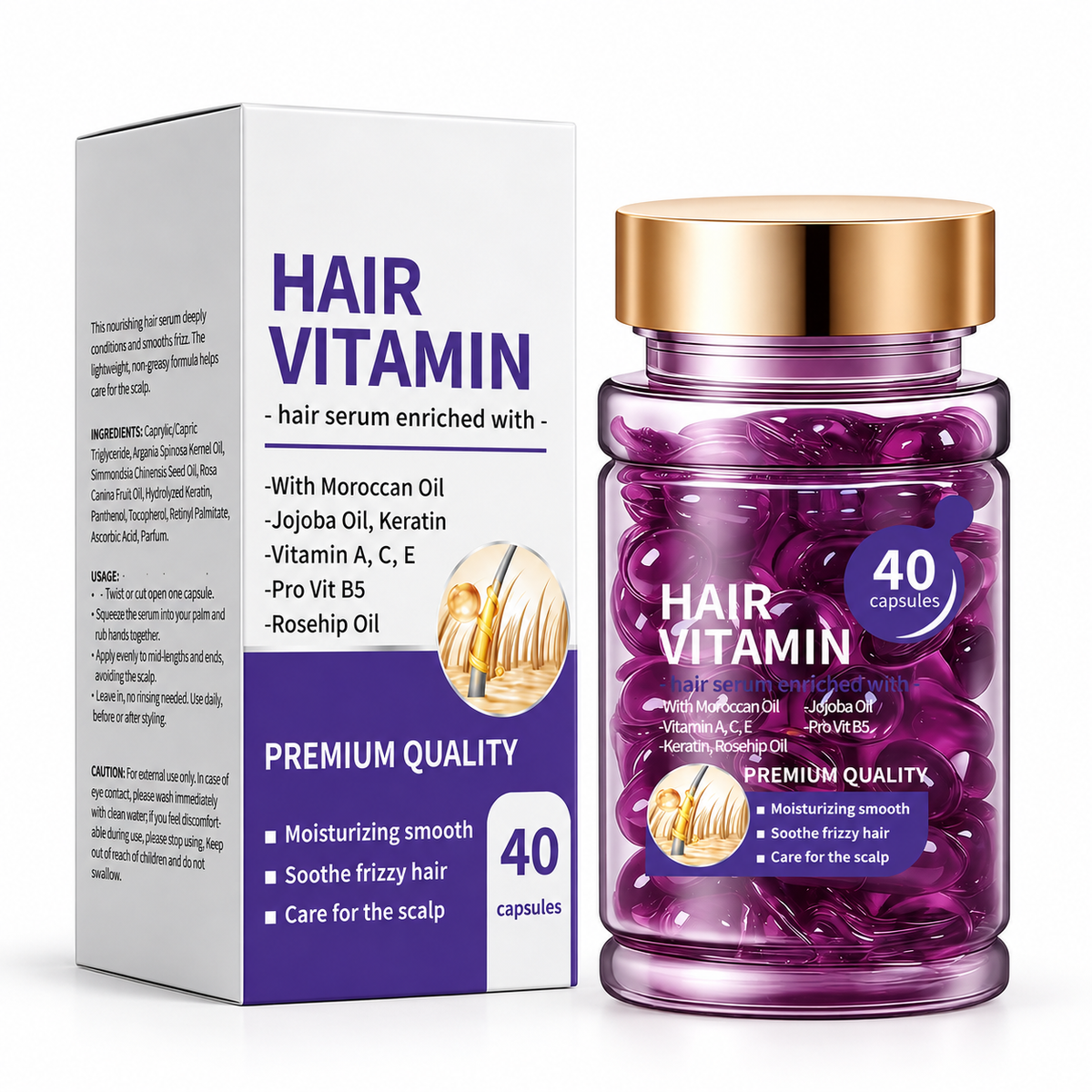 Hair Serum Capsules – Smoothing & Shine-Enhancing Leave-In Hair Care, 40 Capsules, 30ml