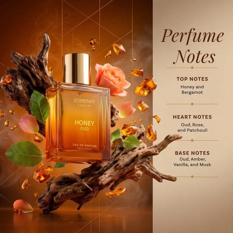 Zorenio Luxury's Honey Oud | Eau de Parfum 100ml (3.4 fl oz) | Patchouli, Vanilla, Bergamot | Floral & Spicy | Made with Clean & Vegan Essentials Oils | Cruelty Free Fragrance Perfume