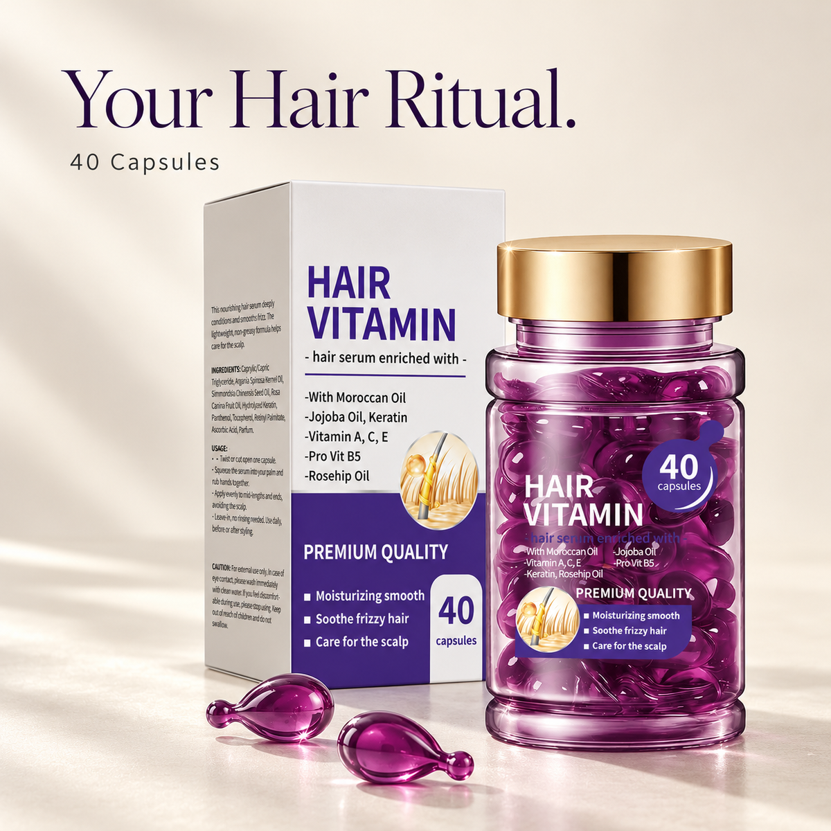 Hair Serum Capsules – Smoothing & Shine-Enhancing Leave-In Hair Care, 40 Capsules, 30ml