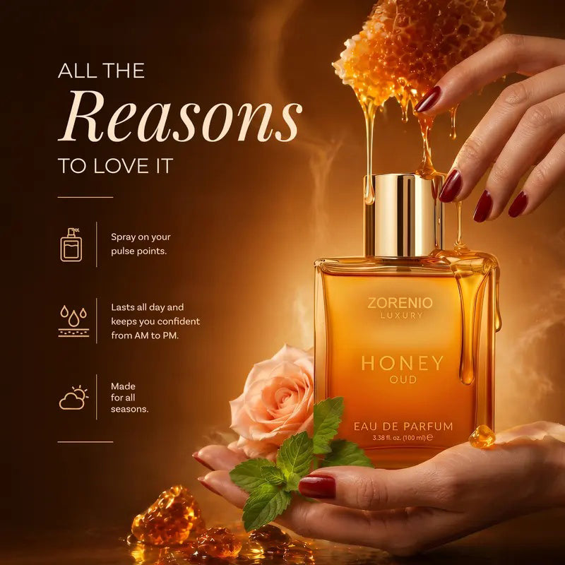 Zorenio Luxury's Honey Oud | Eau de Parfum 100ml (3.4 fl oz) | Patchouli, Vanilla, Bergamot | Floral & Spicy | Made with Clean & Vegan Essentials Oils | Cruelty Free Fragrance Perfume