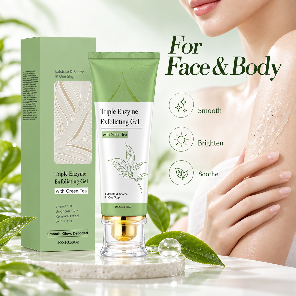 Triple Enzyme Exfoliating Gel with Green Tea – Gentle Face & Body Exfoliator for Smoother, Brighter-Looking Skin, 100g