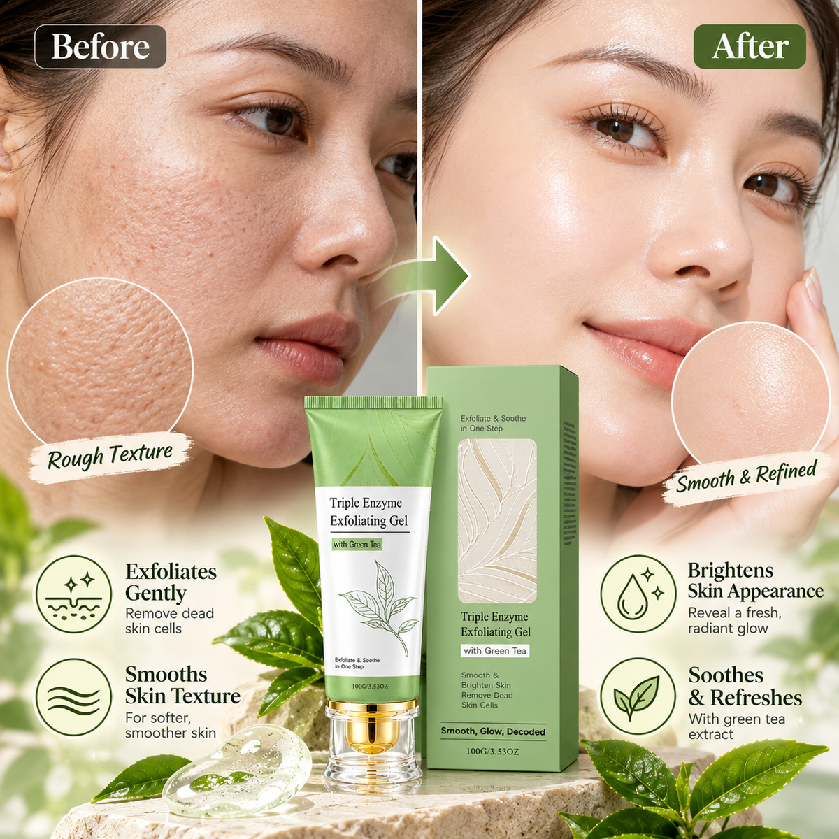 Triple Enzyme Exfoliating Gel with Green Tea – Gentle Face & Body Exfoliator for Smoother, Brighter-Looking Skin, 100g