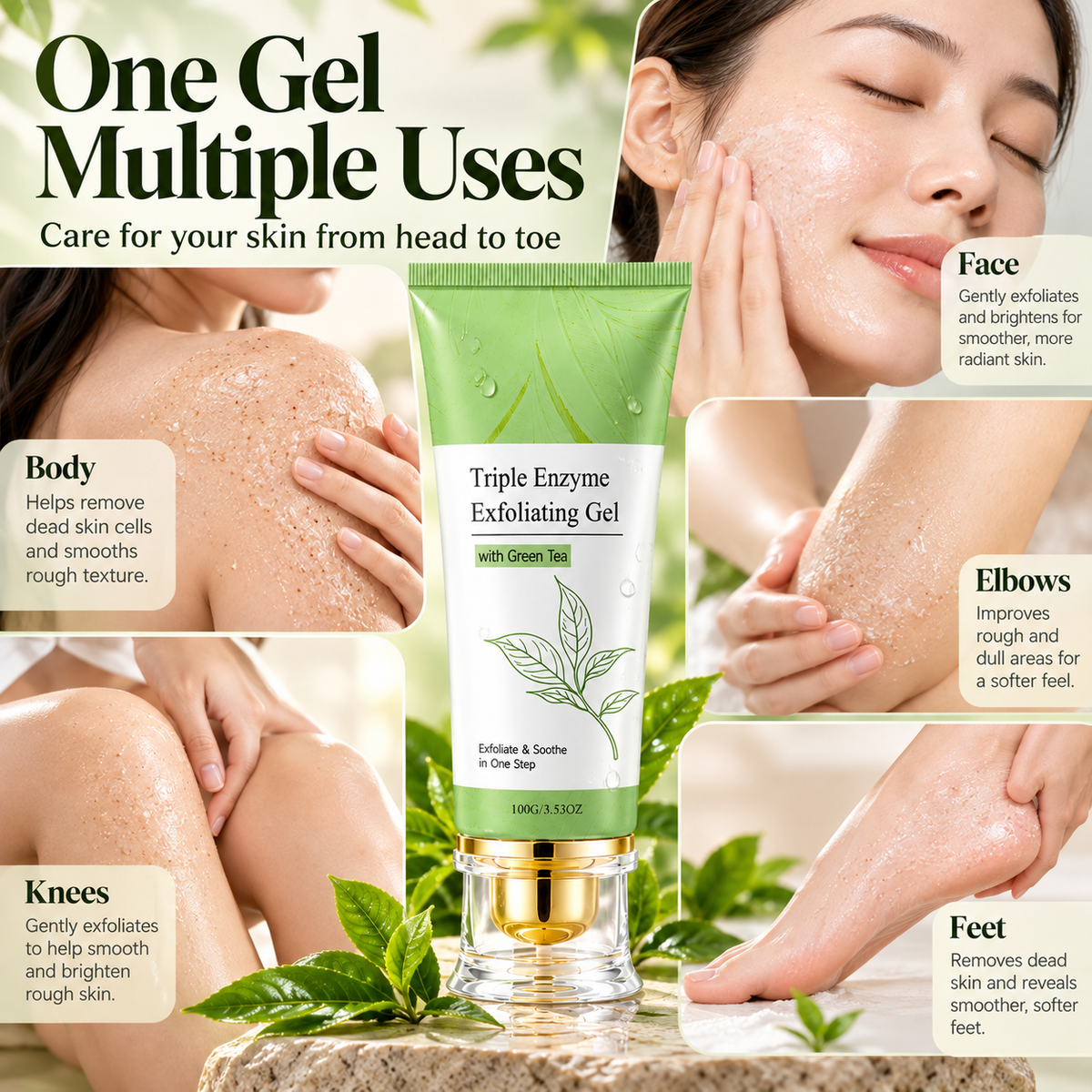 Triple Enzyme Exfoliating Gel with Green Tea – Gentle Face & Body Exfoliator for Smoother, Brighter-Looking Skin, 100g
