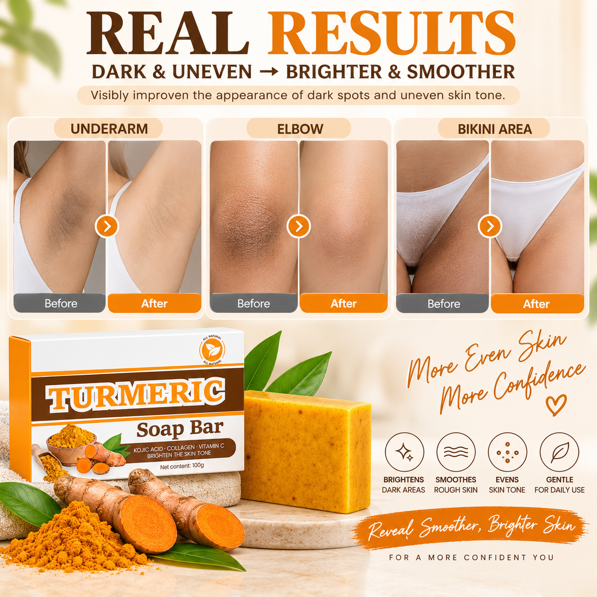 Turmeric Brightening Soap Bar – Dark Area & Uneven Skin Tone Care for Face & Body, 100g
