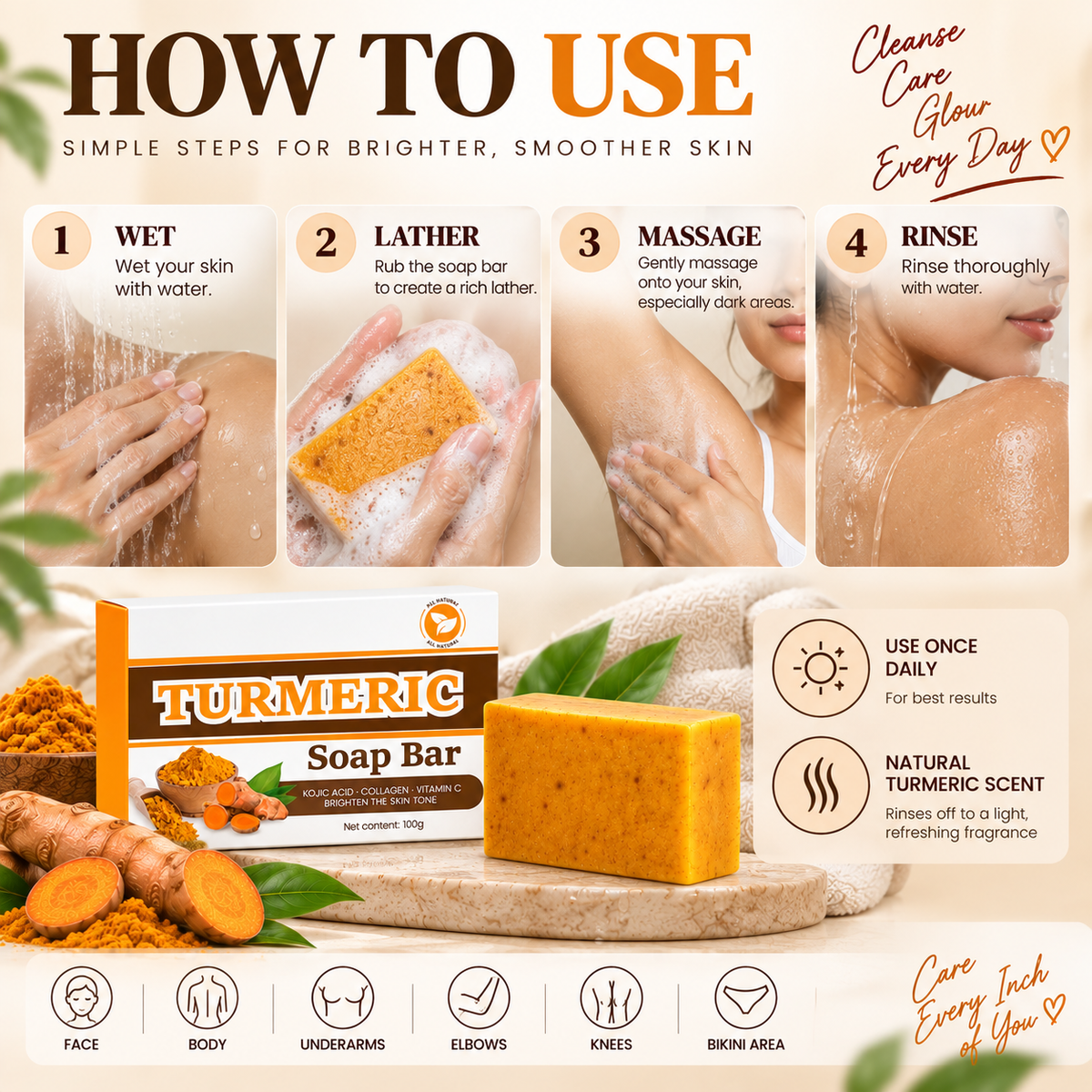 Turmeric Brightening Soap Bar – Dark Area & Uneven Skin Tone Care for Face & Body, 100g