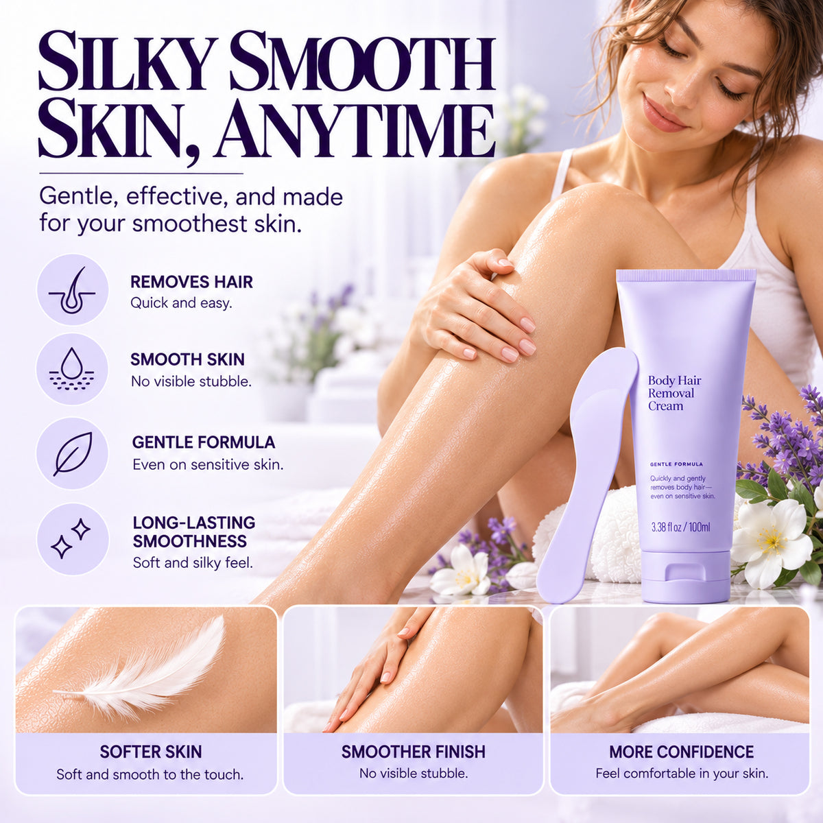 Silky Smooth Body Hair Removal Cream – 5-Minute Gentle Hair Removal for Smooth, Stubble-Free Feeling Skin, 100ml