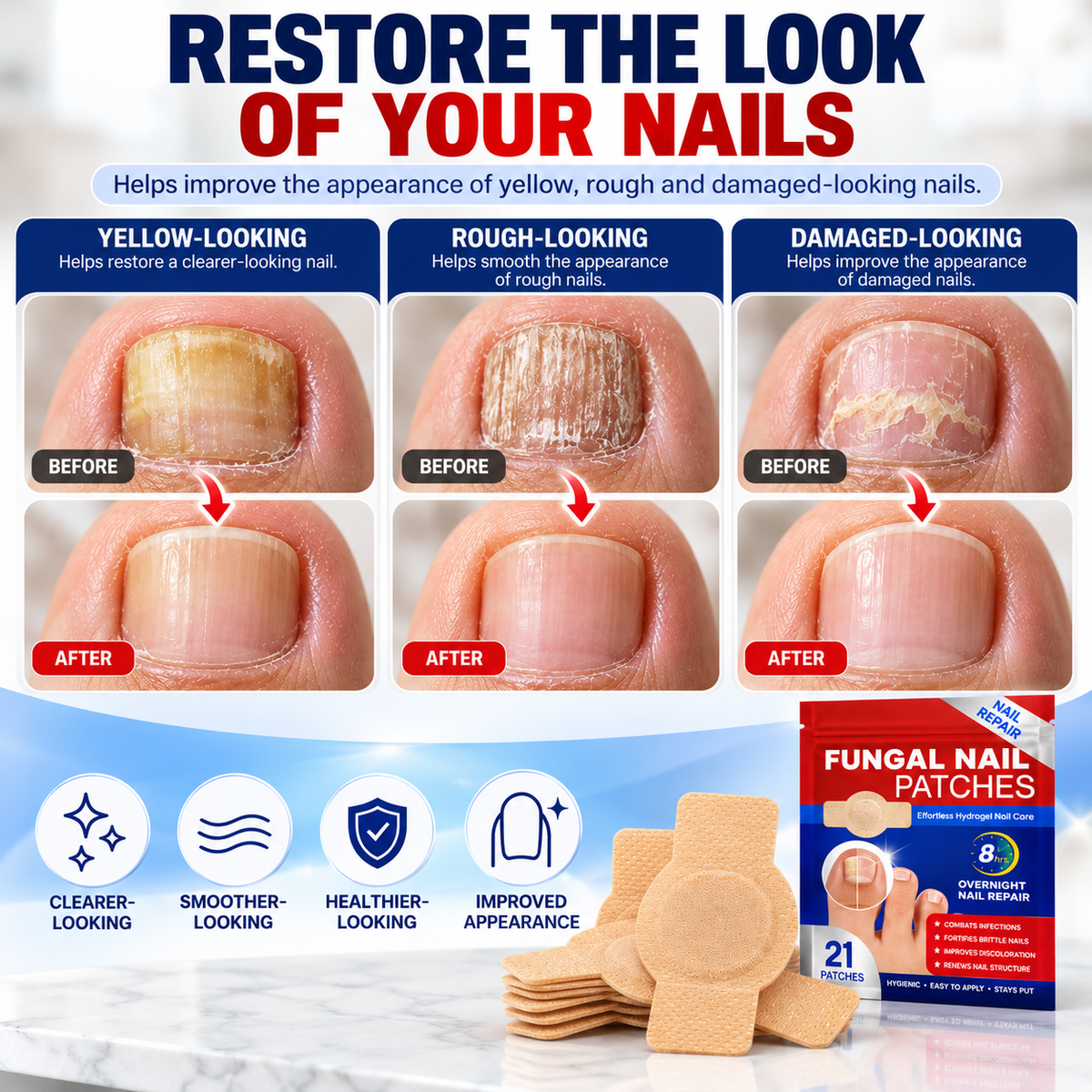 Overnight Nail Renewal Patches – For Yellow, Rough & Damaged-Looking Toenails, 21 Patches