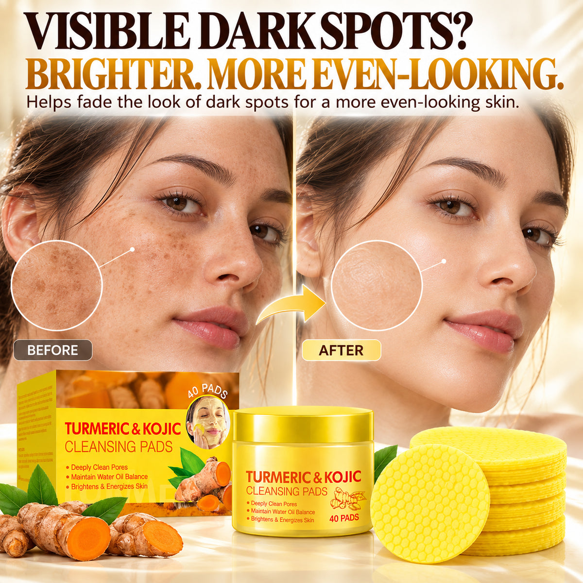 Turmeric & Kojic Cleansing Pads – Deep Cleansing for Dark Spots, Dullness & Brighter-Looking Skin, 40 Pads