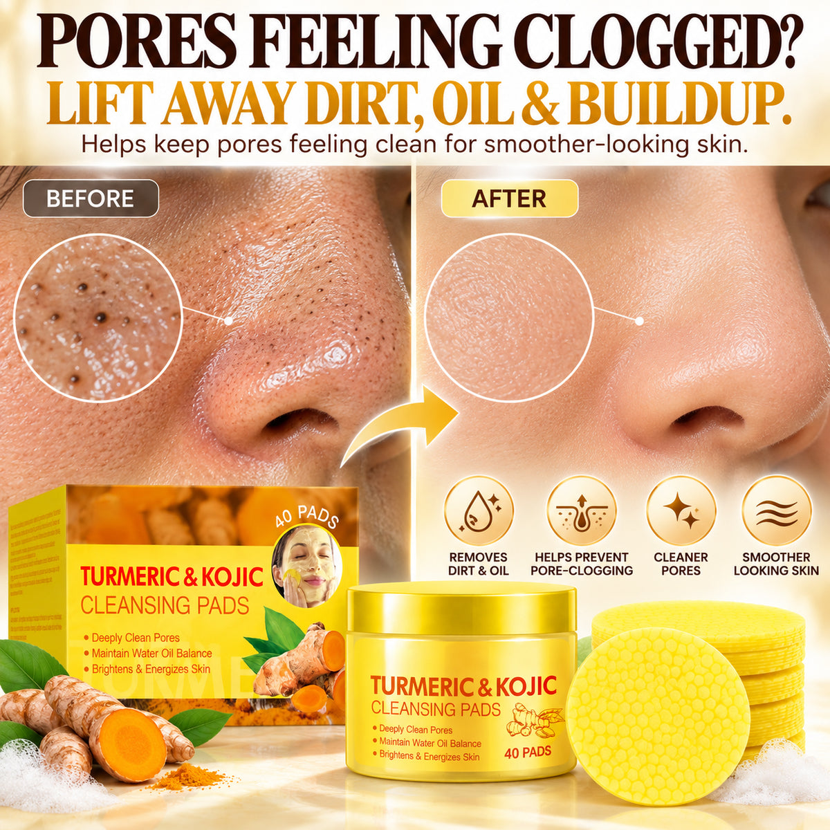 Turmeric & Kojic Cleansing Pads – Deep Cleansing for Dark Spots, Dullness & Brighter-Looking Skin, 40 Pads