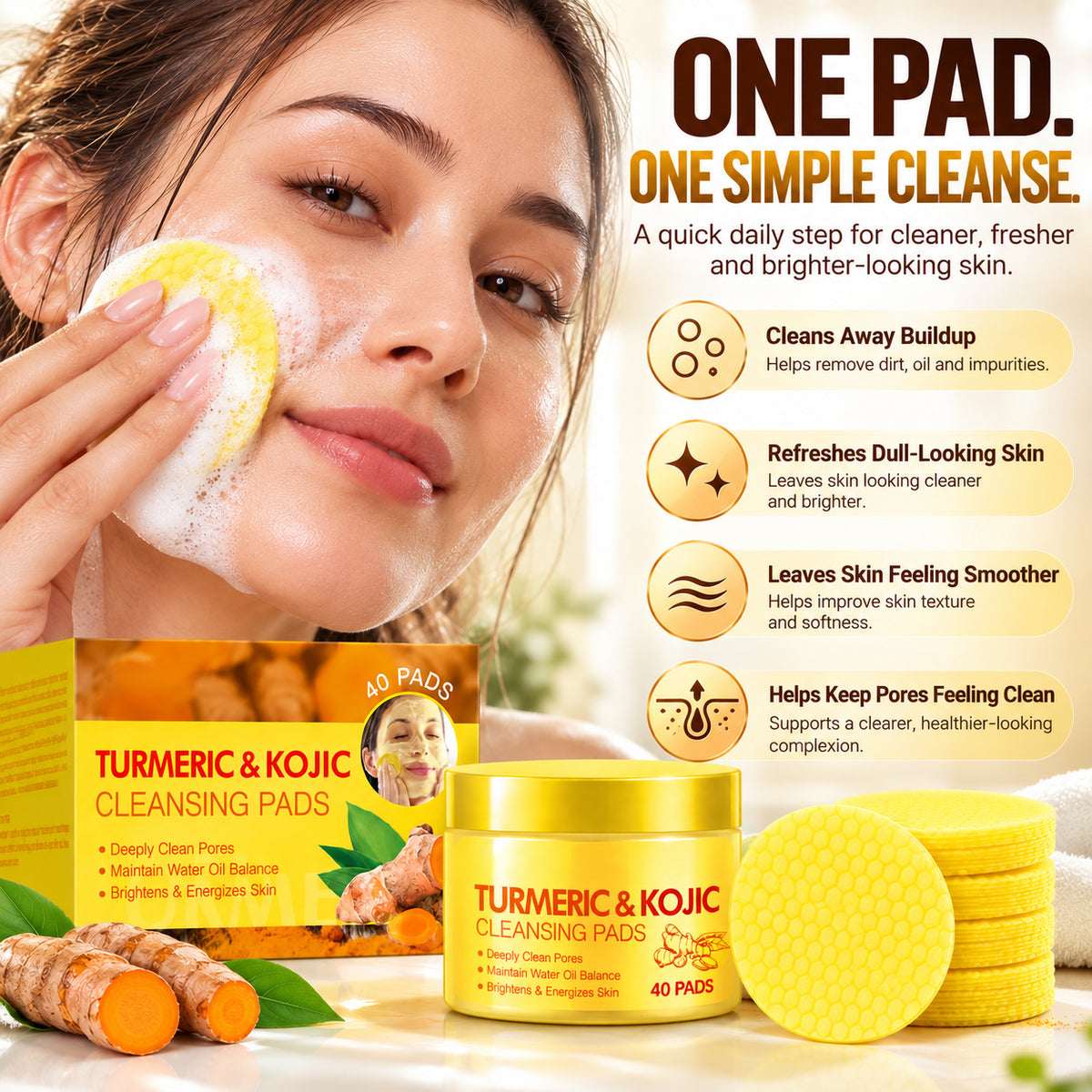 Turmeric & Kojic Cleansing Pads – Deep Cleansing for Dark Spots, Dullness & Brighter-Looking Skin, 40 Pads