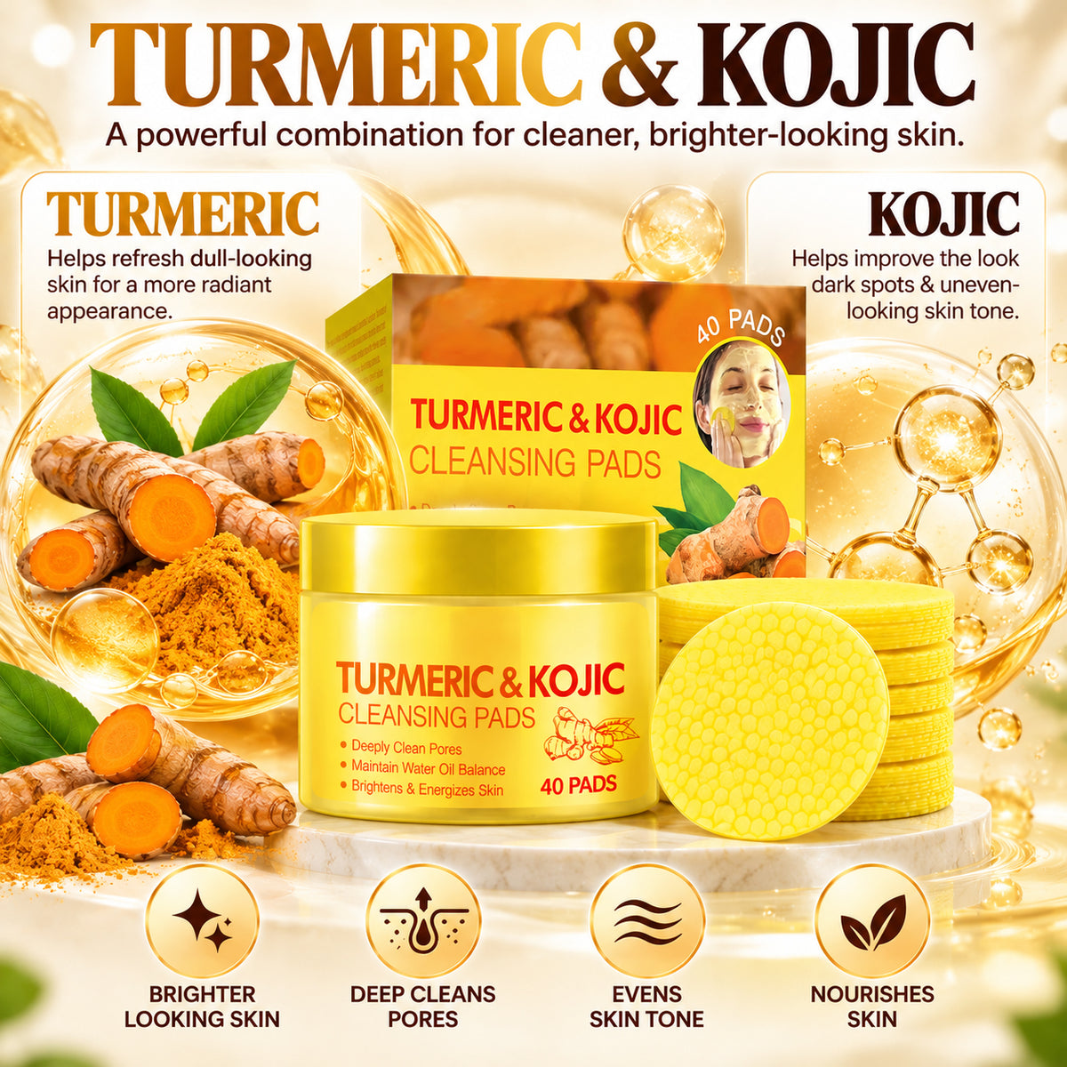 Turmeric & Kojic Cleansing Pads – Deep Cleansing for Dark Spots, Dullness & Brighter-Looking Skin, 40 Pads