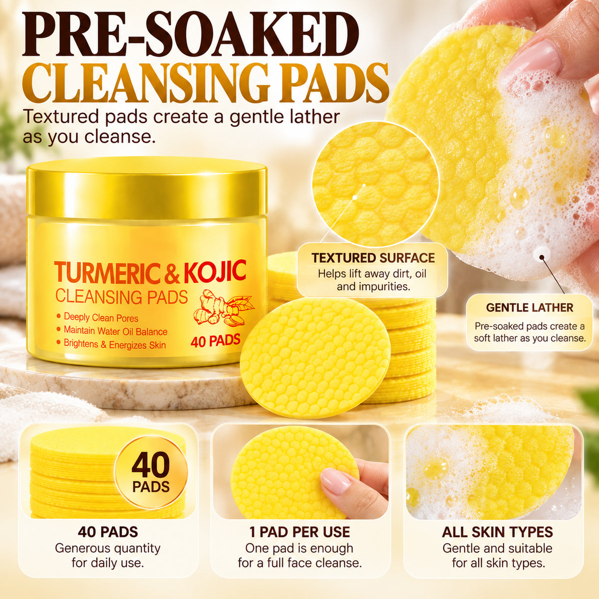 Turmeric & Kojic Cleansing Pads – Deep Cleansing for Dark Spots, Dullness & Brighter-Looking Skin, 40 Pads