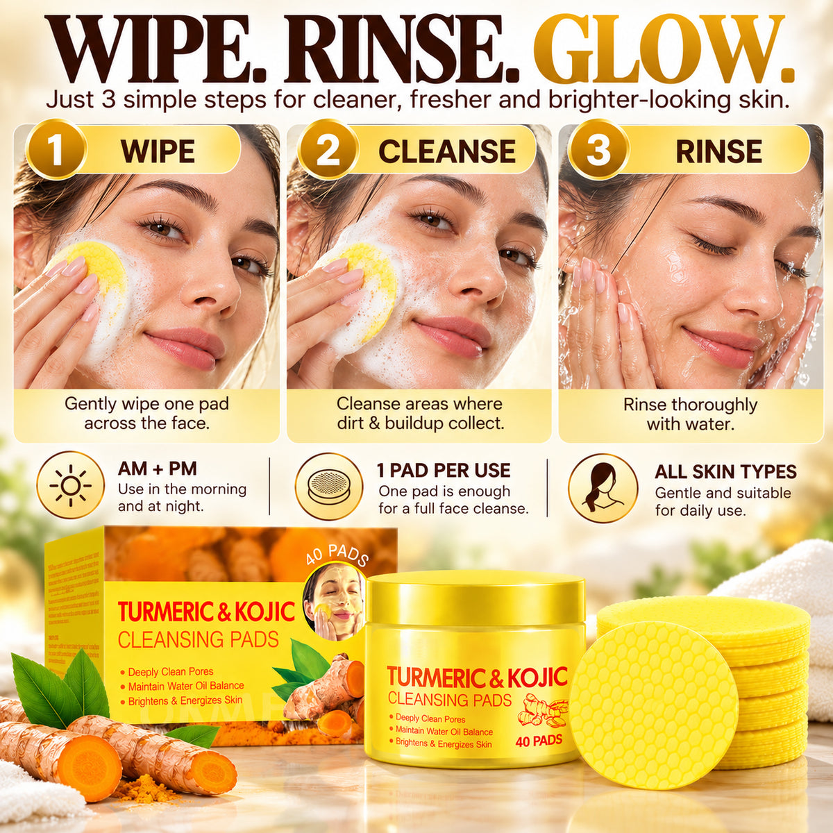 Turmeric & Kojic Cleansing Pads – Deep Cleansing for Dark Spots, Dullness & Brighter-Looking Skin, 40 Pads