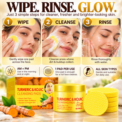 Turmeric & Kojic Cleansing Pads – Deep Cleansing for Dark Spots, Dullness & Brighter-Looking Skin, 40 Pads