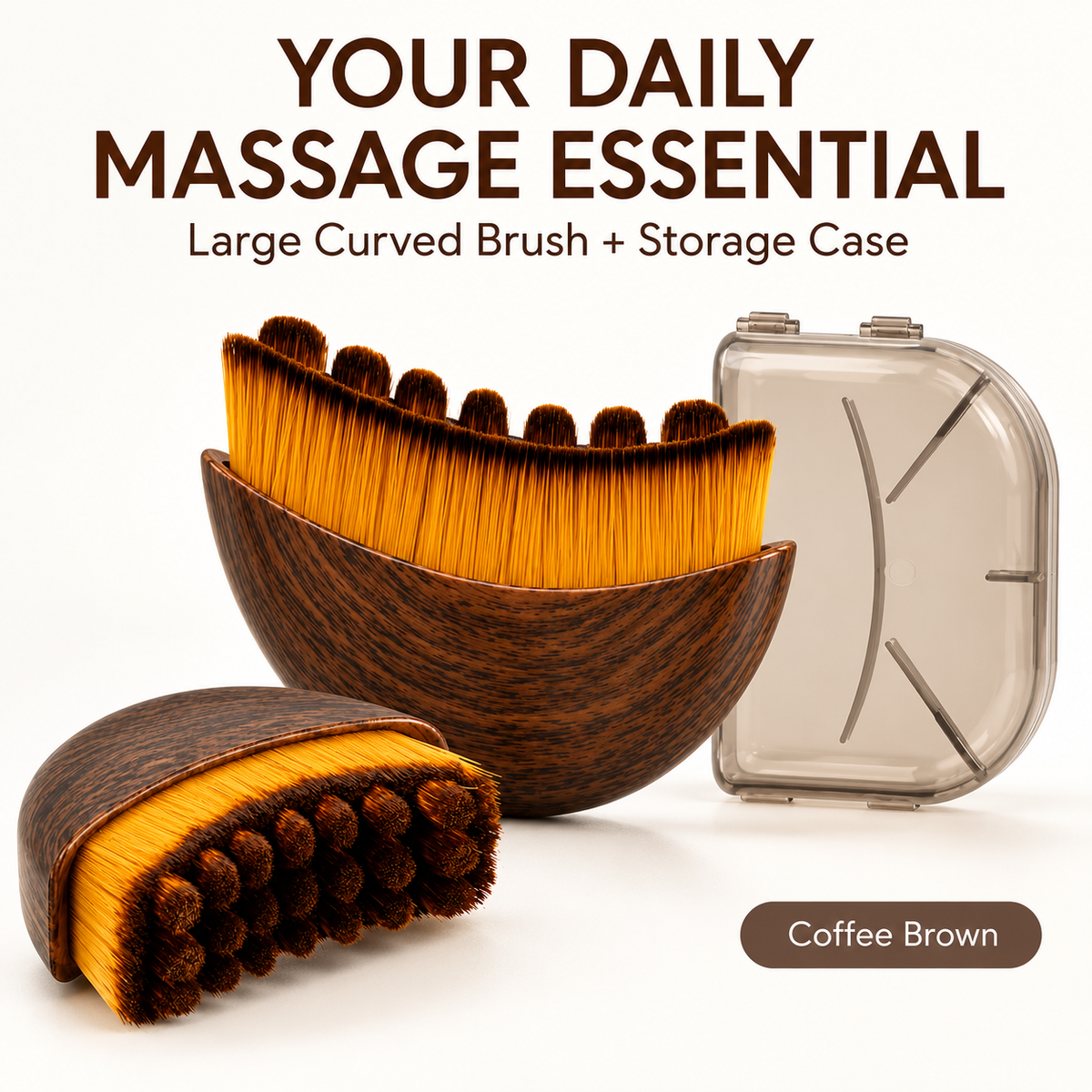 Large Curved Massage Brush with Soft Synthetic Bristles & Storage Case – Coffee Brown