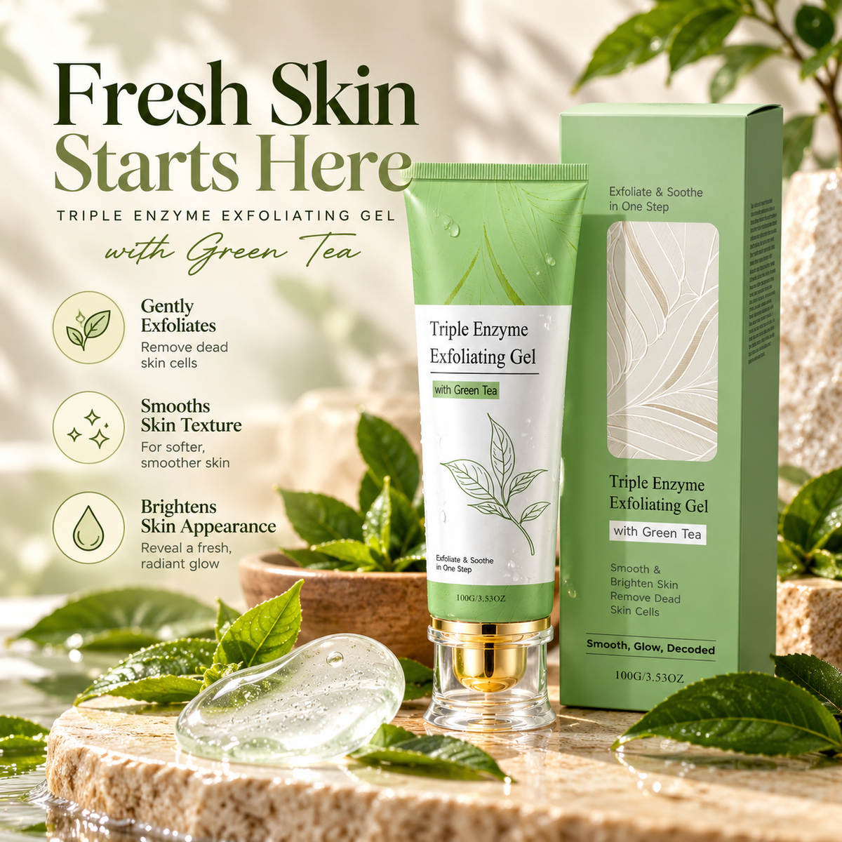 Triple Enzyme Exfoliating Gel with Green Tea – Gentle Face & Body Exfoliator for Smoother, Brighter-Looking Skin, 100g